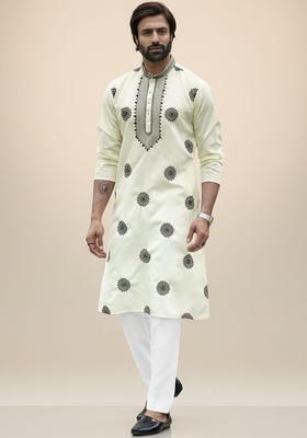 Off White Embroidered Cotton Kurta Set For Men