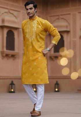 Yellow Embroidered Cotton Kurta Set For Men