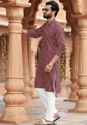 Maroon Printed Cotton Kurta Set For Men