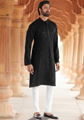 Black Self Design Viscose Kurta Set For Men