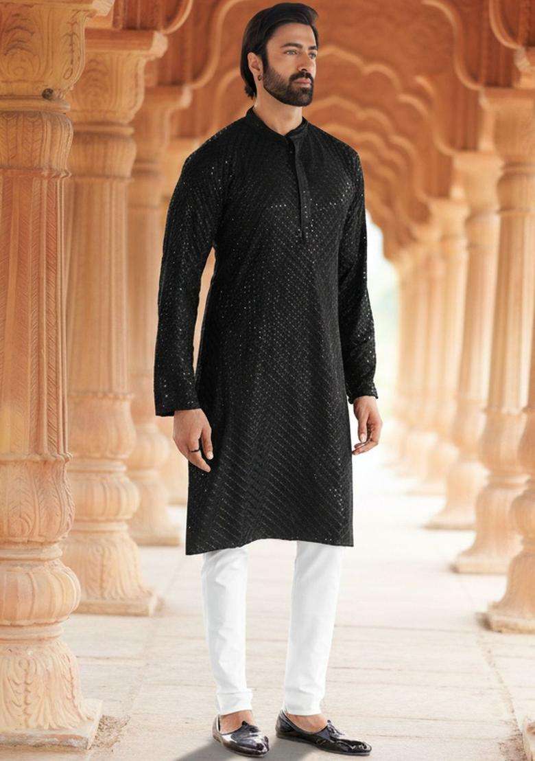 Black Self Design Viscose Kurta Set For Men - Indya