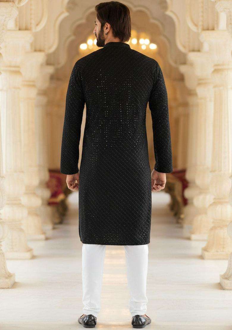 Black Self Design Viscose Kurta Set For Men - Indya