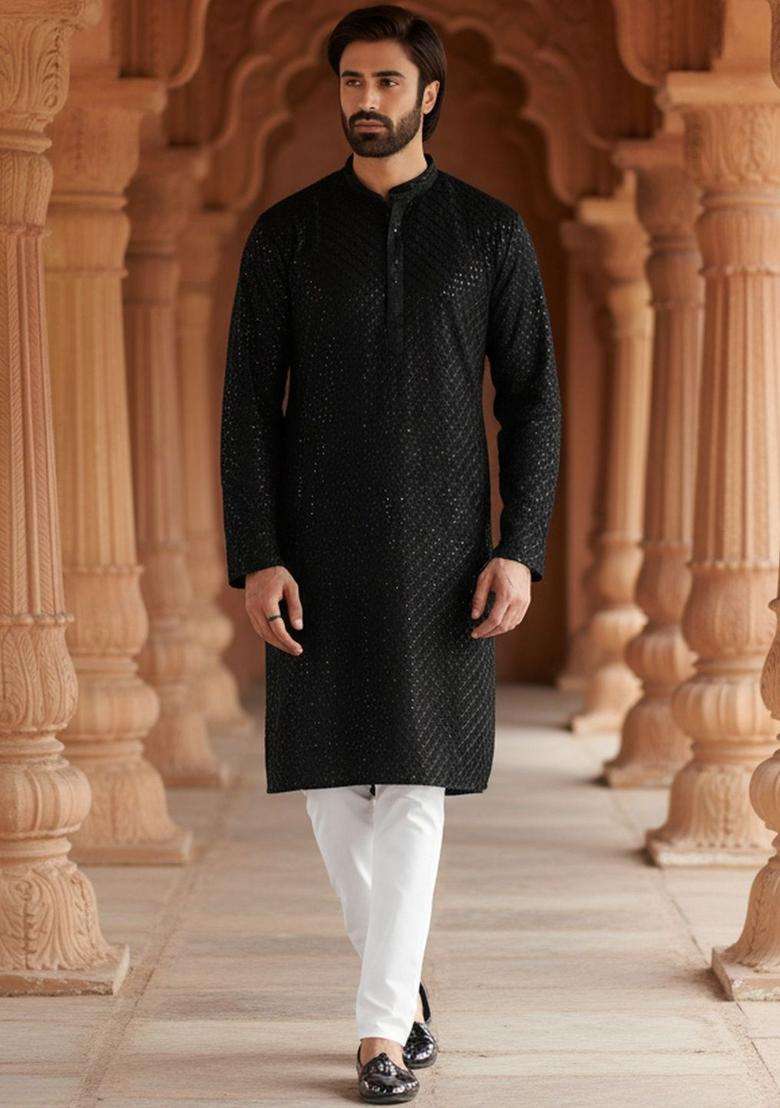 Black Self Design Viscose Kurta Set For Men - Indya