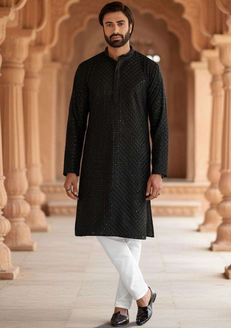 Black Self Design Viscose Kurta Set For Men - Indya
