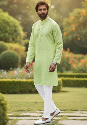 Lime Green Self Design Cotton Kurta Set For Men