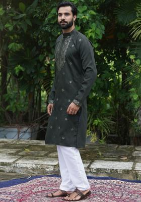 Olive Embroidered Silk Kurta Set For Men