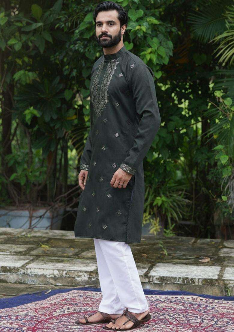 Olive Embroidered Silk Blend Kurta Set For Men - Indya