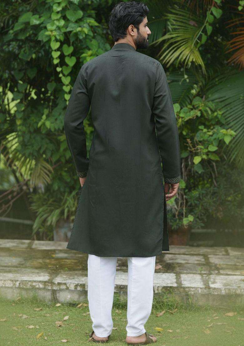 Olive Embroidered Silk Blend Kurta Set For Men - Indya
