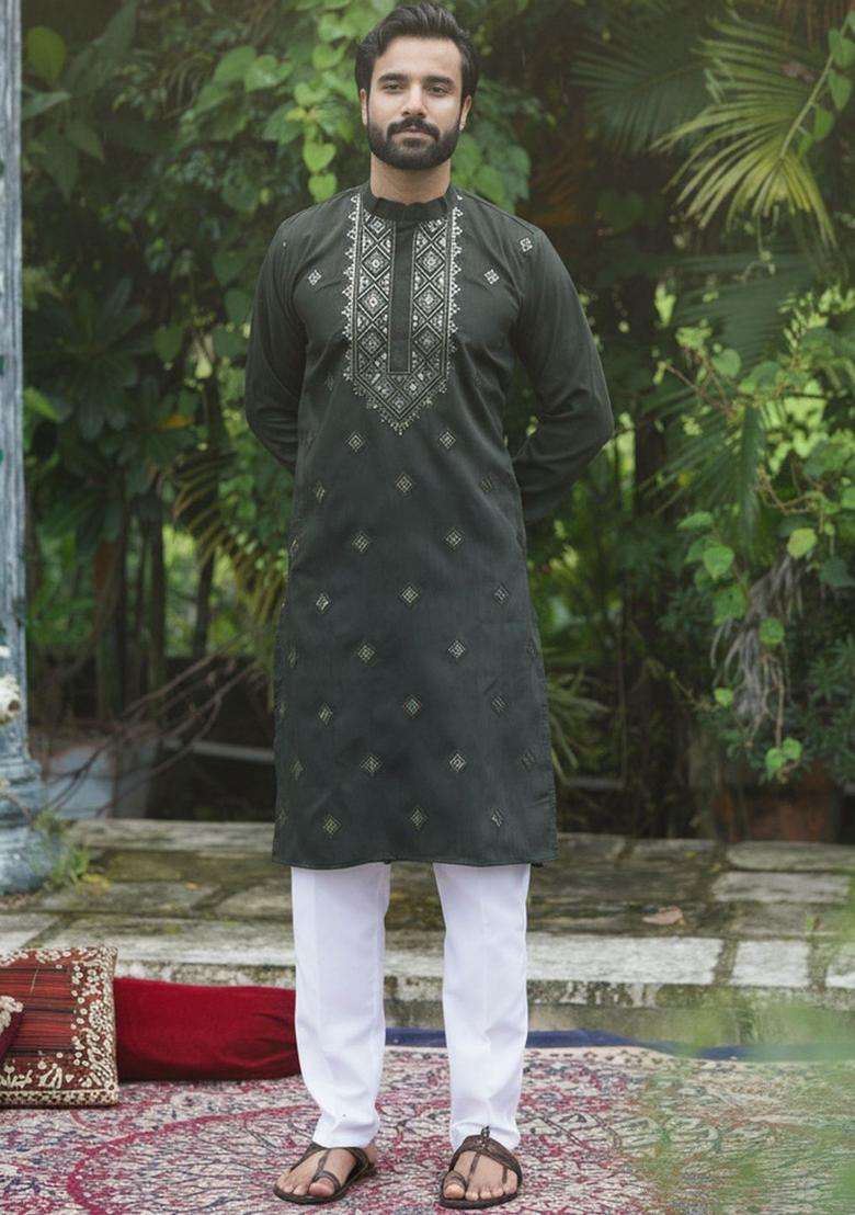 Olive Embroidered Silk Blend Kurta Set For Men - Indya