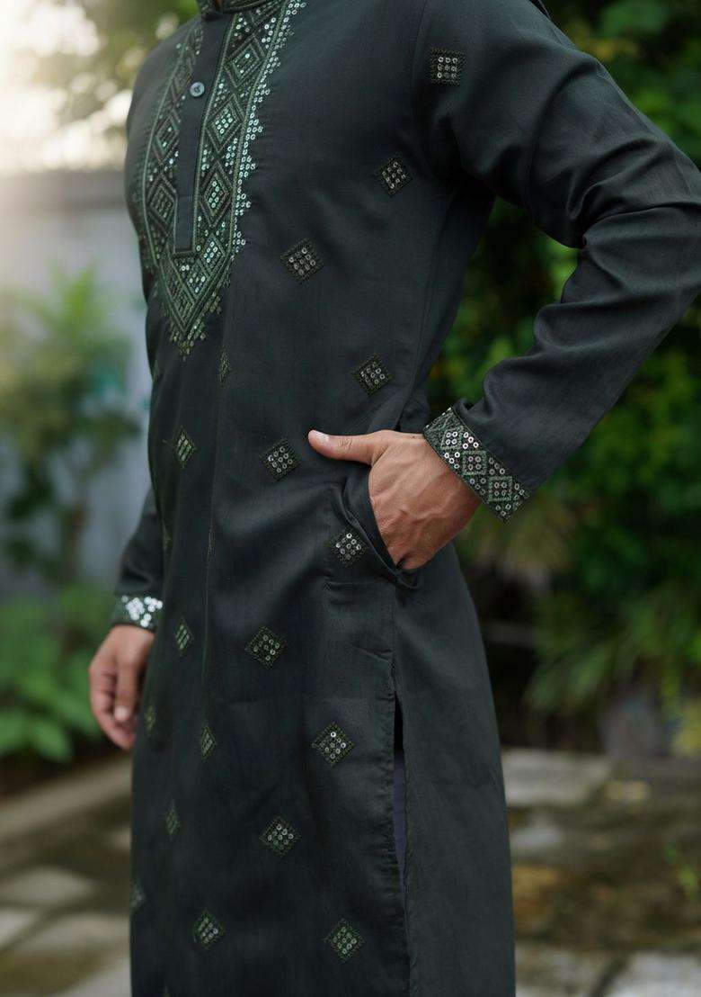 Olive Embroidered Silk Blend Kurta Set For Men - Indya