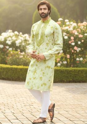 Green Dyed Cotton Kurta Set For Men