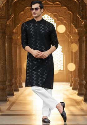 Black Self Design Cotton Kurta Set For Men
