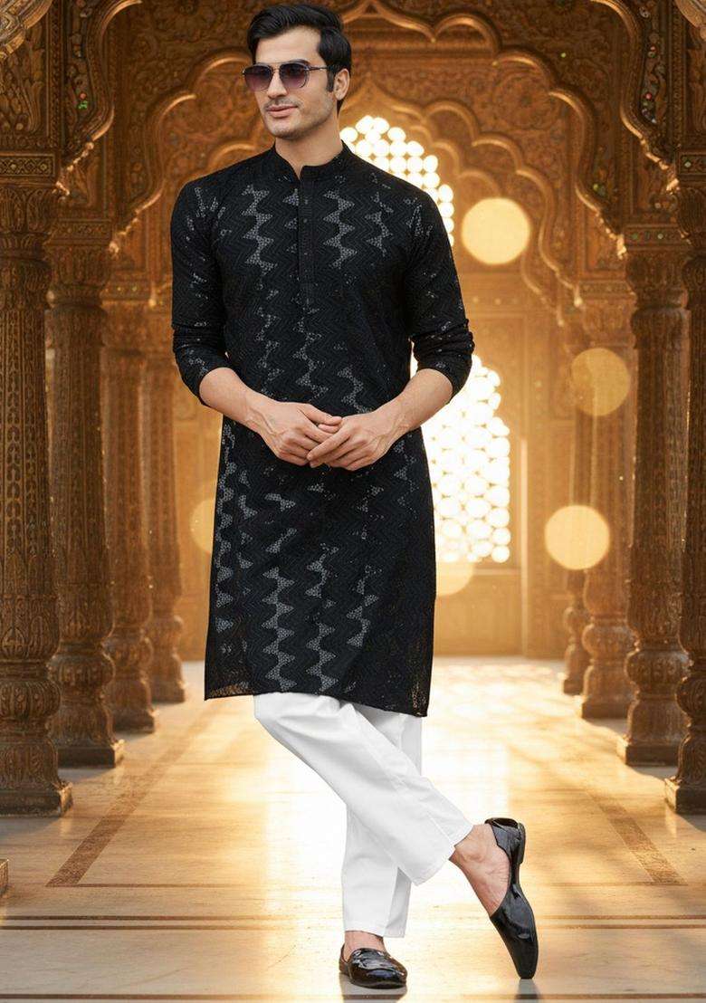 Black Self Design Cotton Kurta Set For Men - Indya