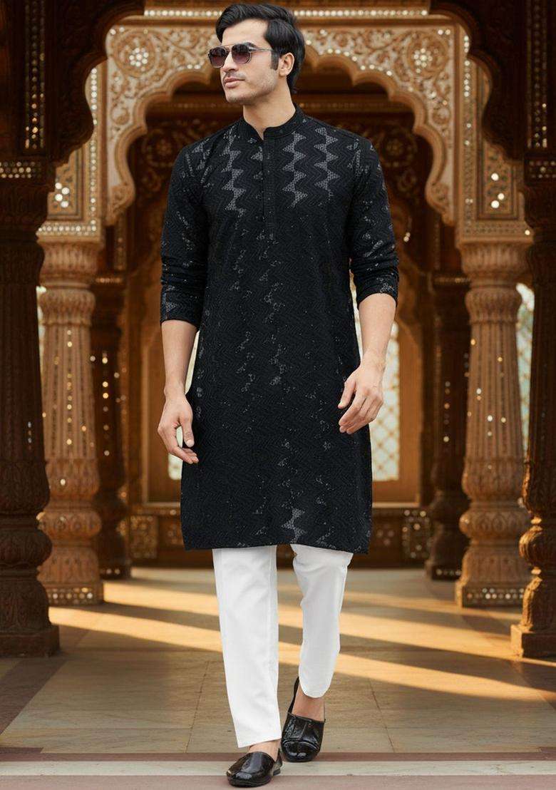 Black Self Design Cotton Kurta Set For Men - Indya