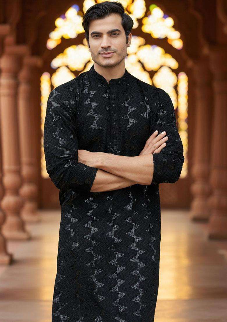 Black Self Design Cotton Kurta Set For Men - Indya