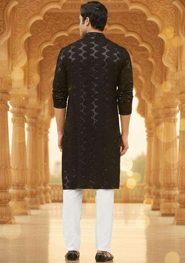 Black Self Design Cotton Kurta Set For Men - Indya