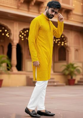 Yellow Embroidered Cotton Kurta Set For Men