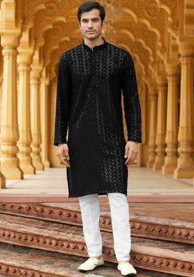 Black Self Design Cotton Kurta Set For Men
