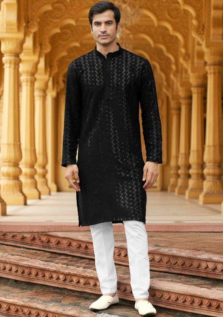 Black Self Design Cotton Kurta Set For Men - Indya