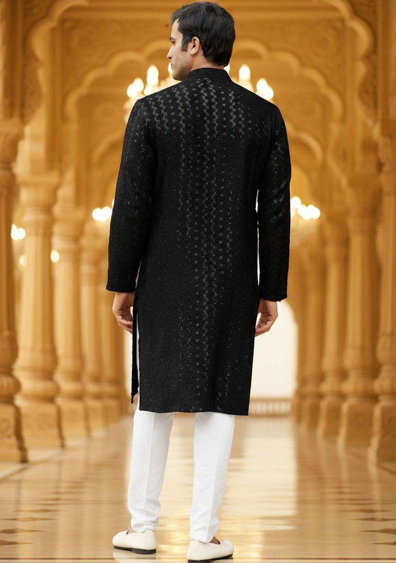 Black Self Design Cotton Kurta Set For Men - Indya