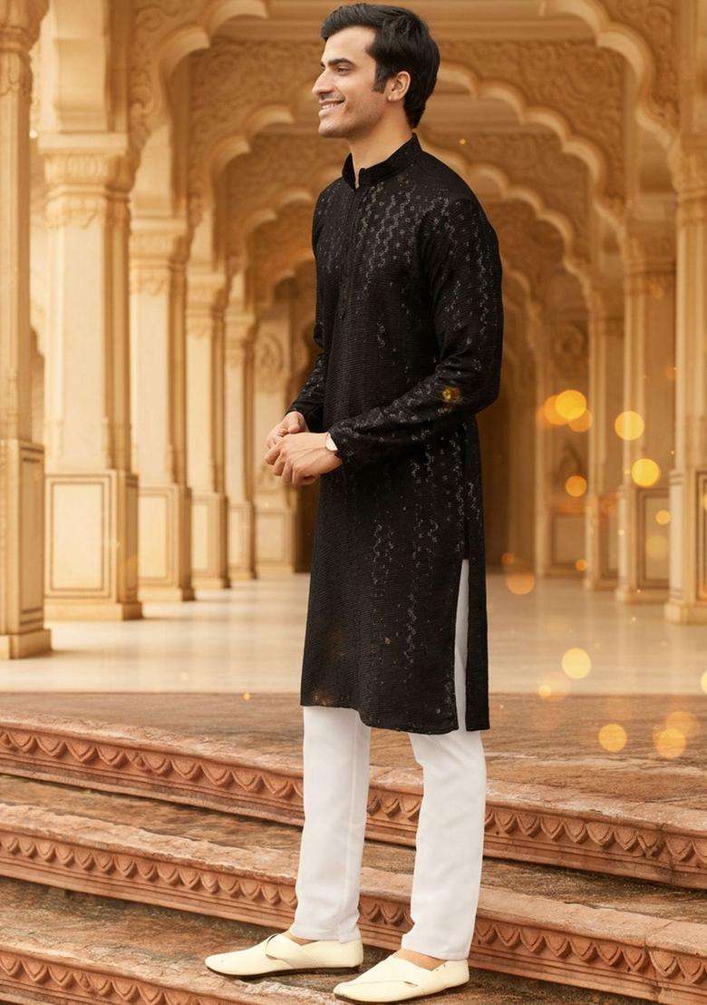 Black Self Design Cotton Kurta Set For Men - Indya
