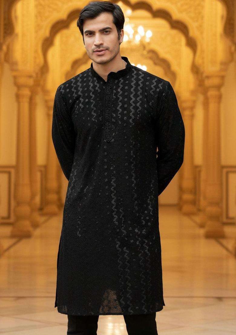 Black Self Design Cotton Kurta Set For Men - Indya