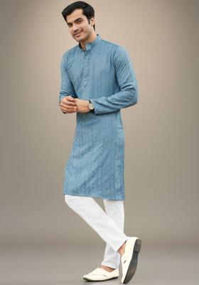 Blue Self Design Cotton Kurta Set For Men