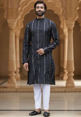 Navy Blue Striped Silk Kurta Set For Men