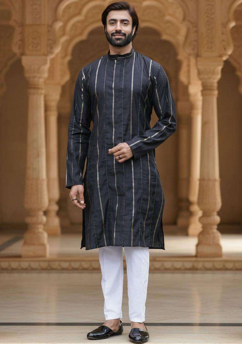 Navy Blue Striped Silk Blend Kurta Set For Men - Indya