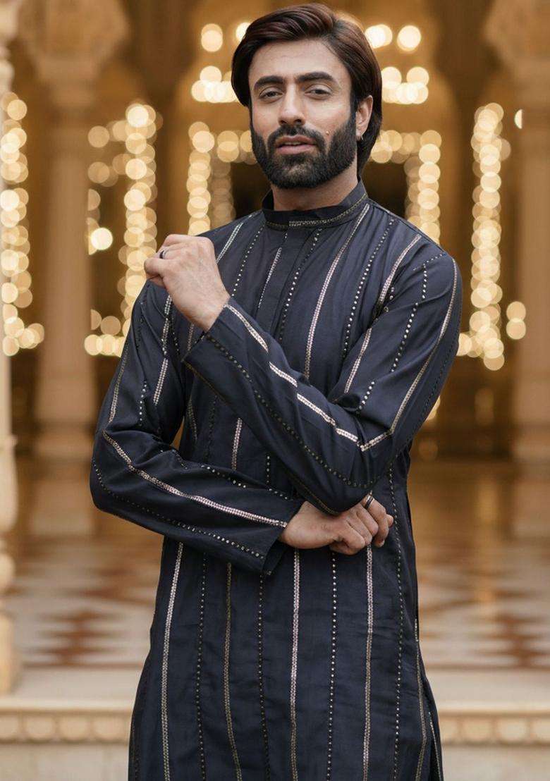 Navy Blue Striped Silk Blend Kurta Set For Men - Indya