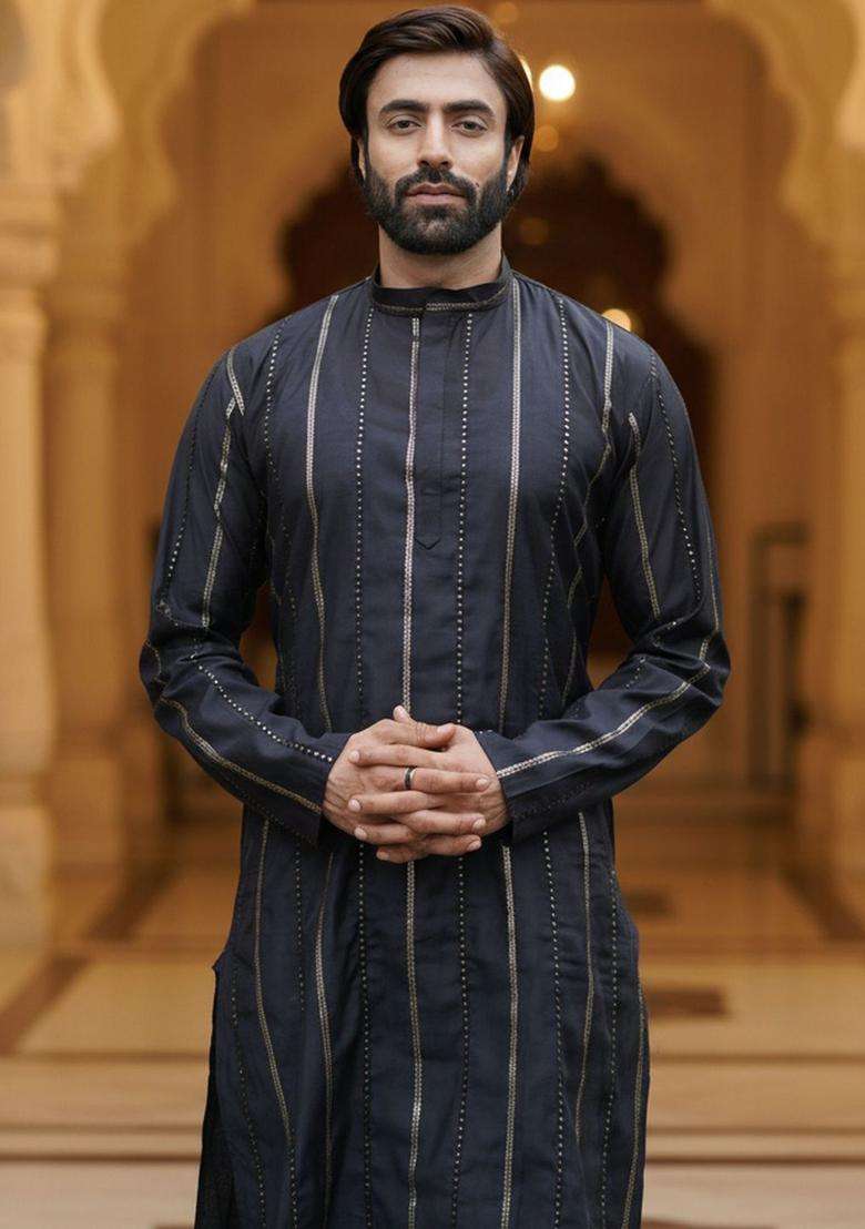 Navy Blue Striped Silk Blend Kurta Set For Men - Indya