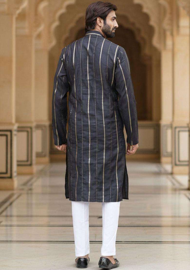 Navy Blue Striped Silk Blend Kurta Set For Men - Indya