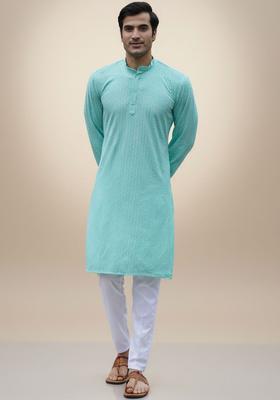 Turquoise Blue Self Design Cotton Kurta Set For Men