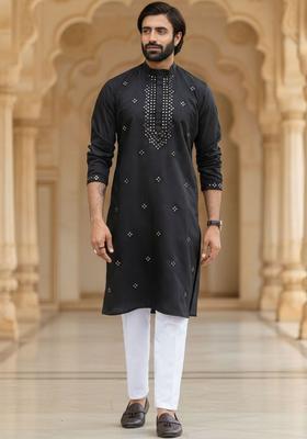 Black Embroidered Cotton Kurta Set For Men