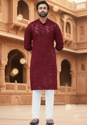 Maroon Self Design Cotton Kurta Set For Men