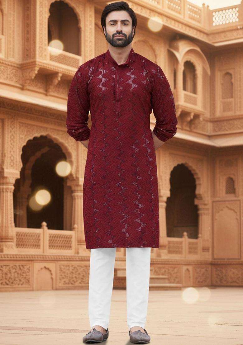 Maroon Self Design Cotton Kurta Set For Men - Indya