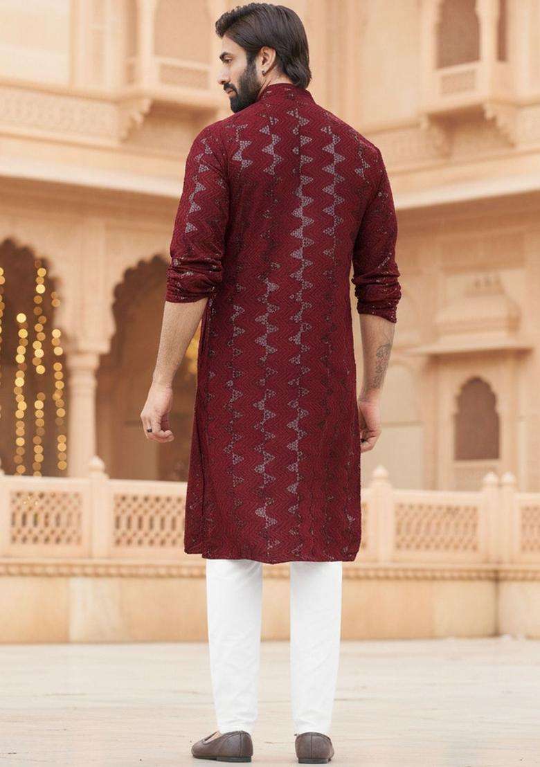 Maroon Self Design Cotton Kurta Set For Men - Indya