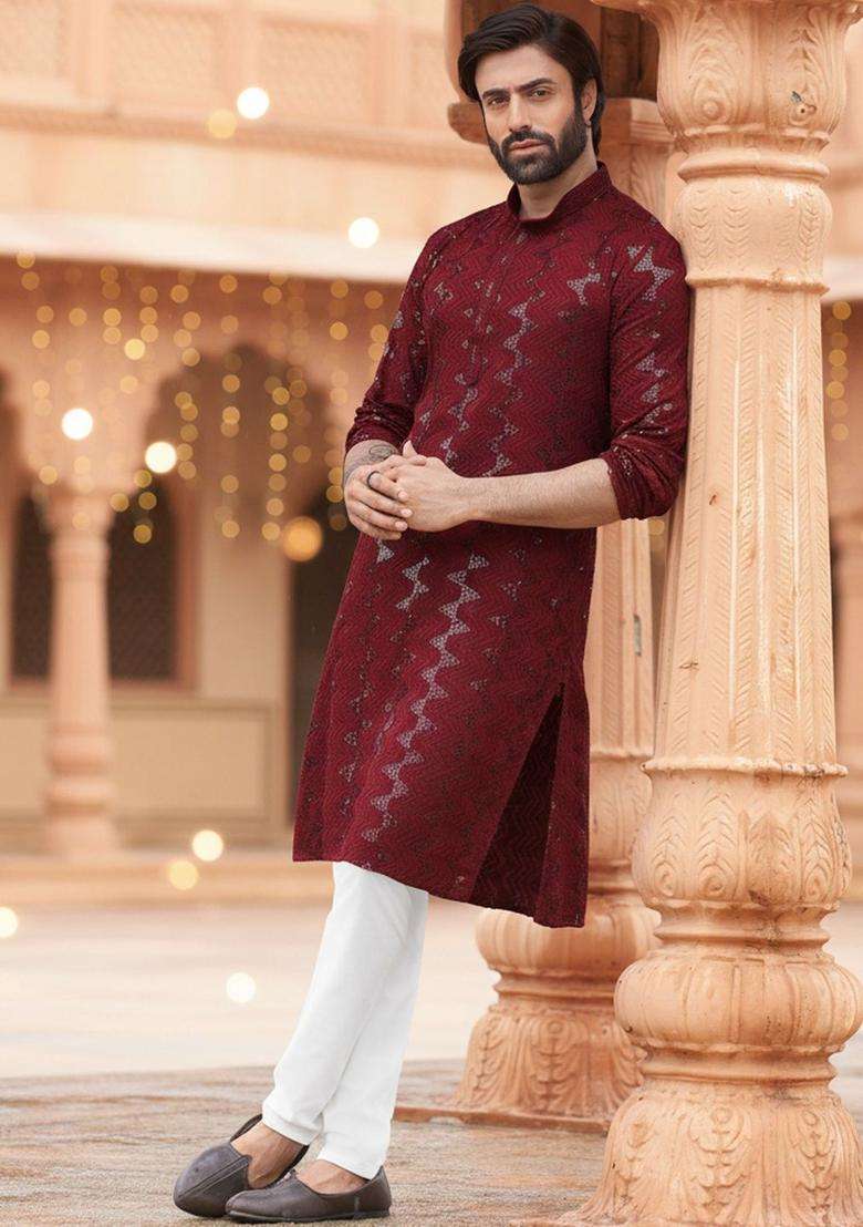 Maroon Self Design Cotton Kurta Set For Men - Indya