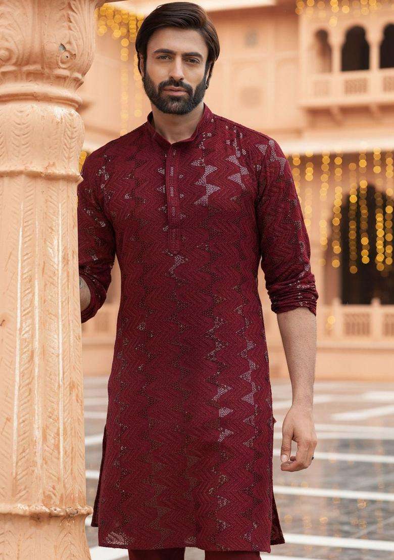 Maroon Self Design Cotton Kurta Set For Men - Indya