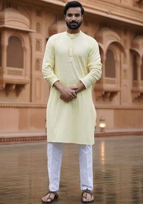 Yellow Self Design Cotton Kurta Set For Men