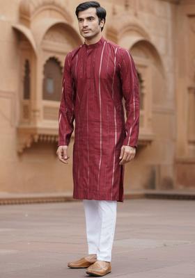 Maroon Striped Silk Kurta Set For Men