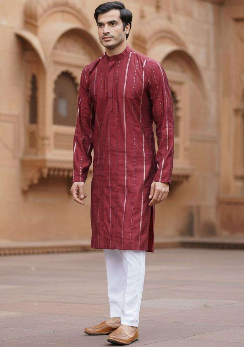 Maroon Striped Silk Kurta Set For Men - Indya