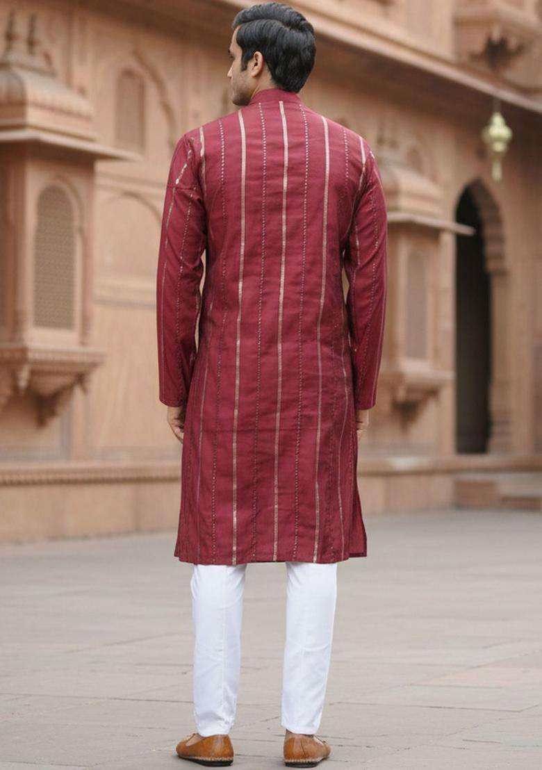 Maroon Striped Silk Kurta Set For Men - Indya