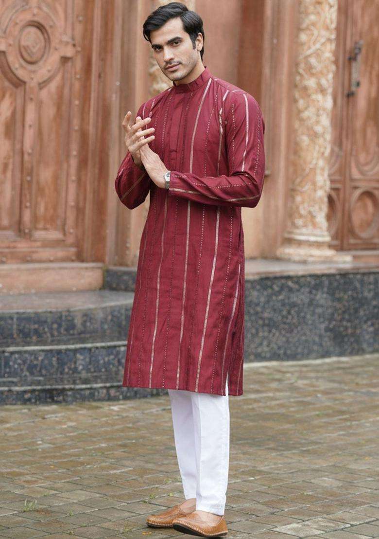 Maroon Striped Silk Kurta Set For Men - Indya
