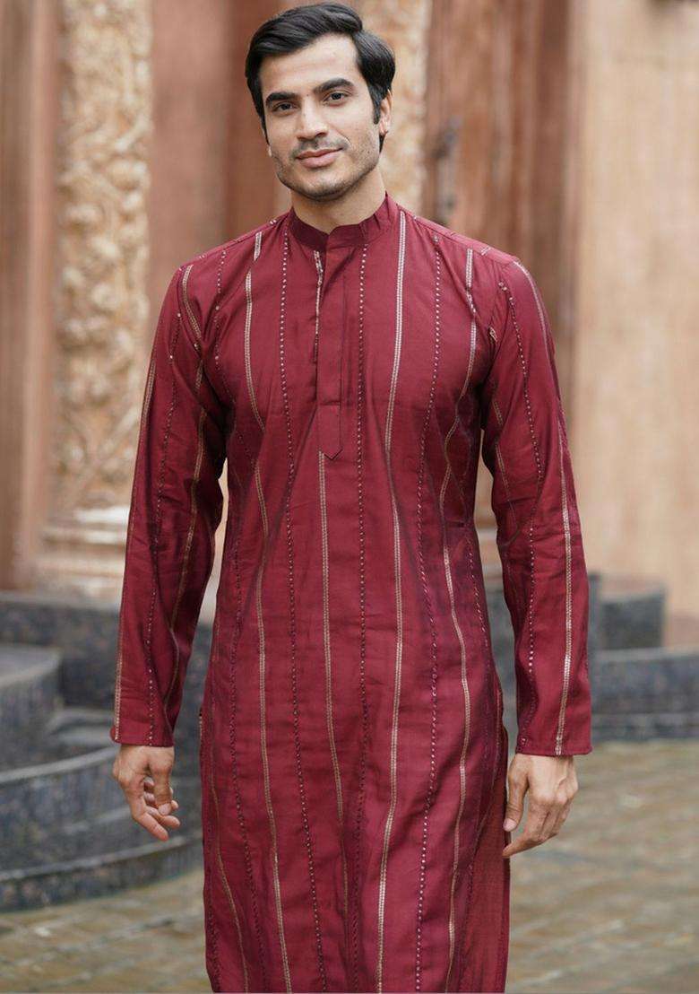 Maroon Striped Silk Kurta Set For Men - Indya