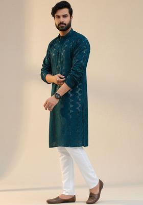 Teal Woven Design Cotton Kurta Set For Men