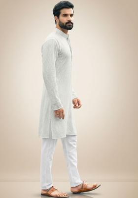 White Embroidered Silk Kurta Set For Men
