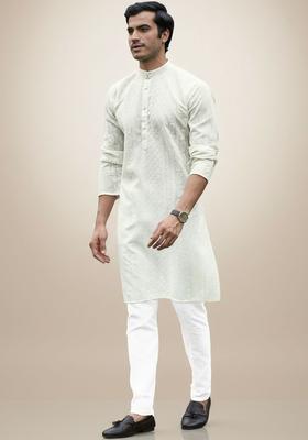 Off White Embroidered Cotton Kurta Set For Men