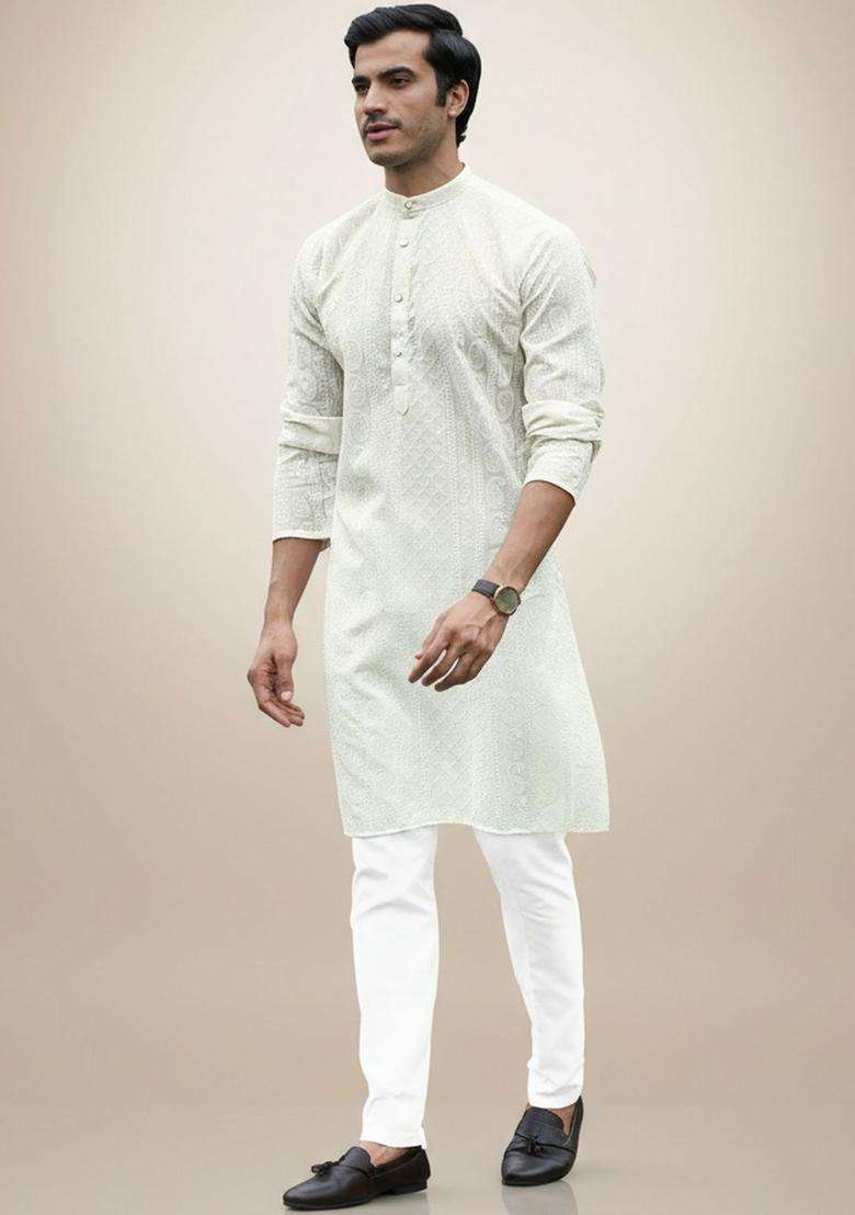 Off White Embroidered Cotton Kurta Set For Men - Indya