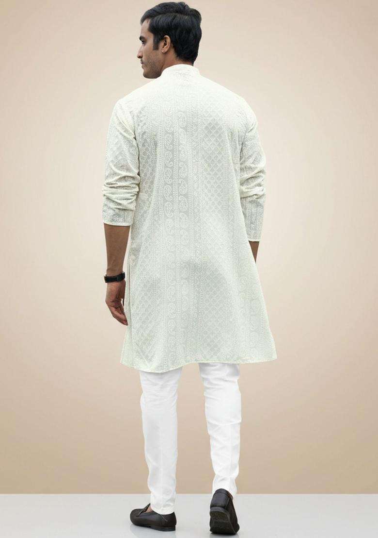 Off White Embroidered Cotton Kurta Set For Men - Indya